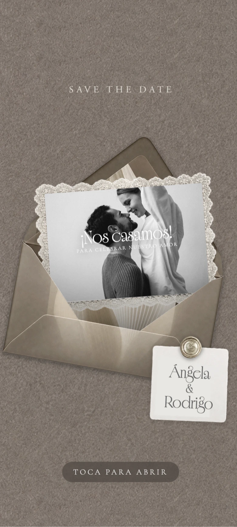 Save the date digital Sobre de encaje, Save the Date de boda animado con sobre de encaje