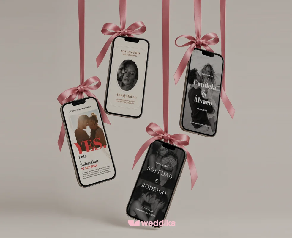 Invitaciones de boda digitales de weddika colgadas en lazos rosas